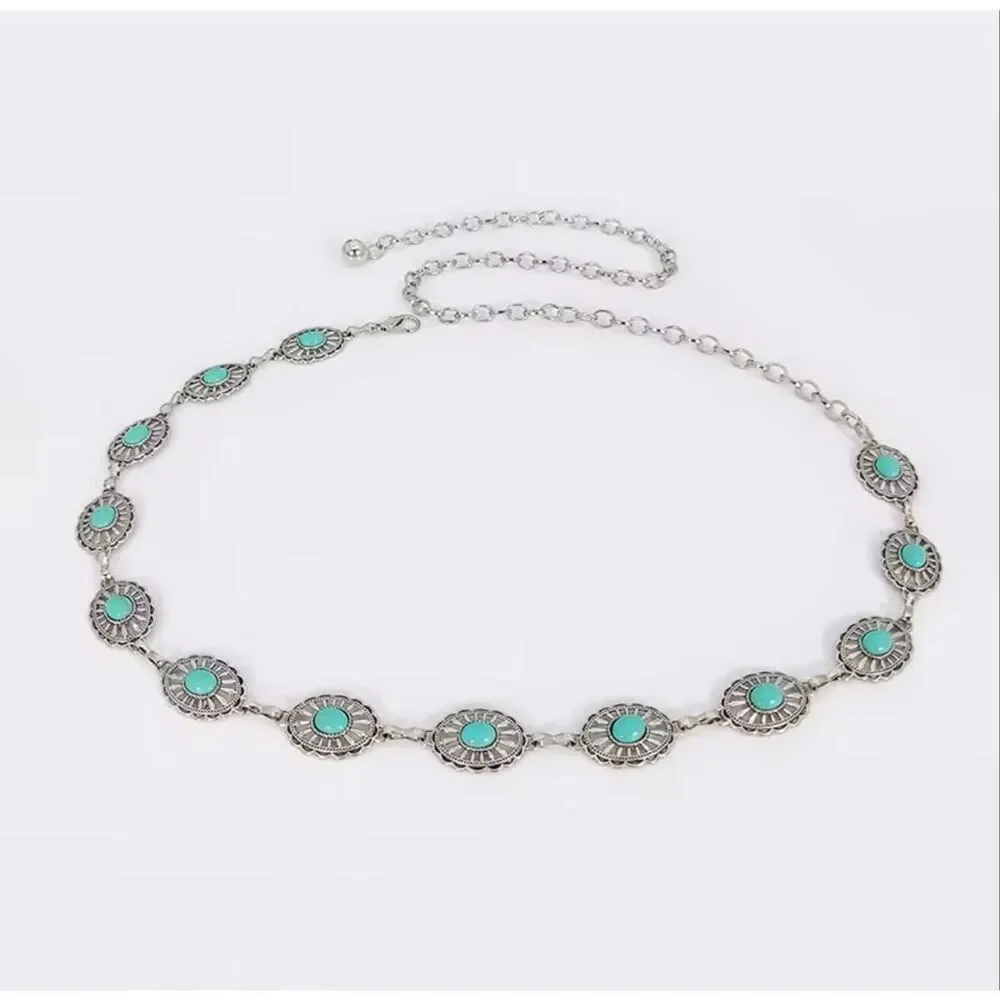 New Western Turquoise Concho Belt Silver Tone Boho Cowgirl Festival Belt 43”